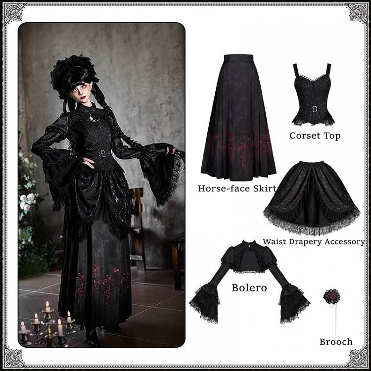 Black Gothic Butterfly Corset Set | Corset Top + Horse-face Skirt + Bolero + Waist Drapery + Brooch | With PUJI