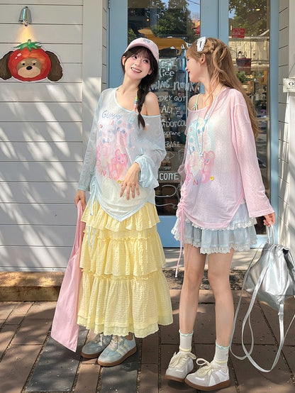 ブルー/ピンクのキュートなセミシースルーヘムの漫画プリントドローストリングトップス