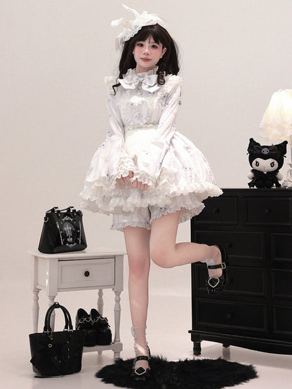 Jirai Kei Light Blue Printed Maid Ensemble - Tiered Bell Sleeve Dress with Detachable Apron & Matching Shorts