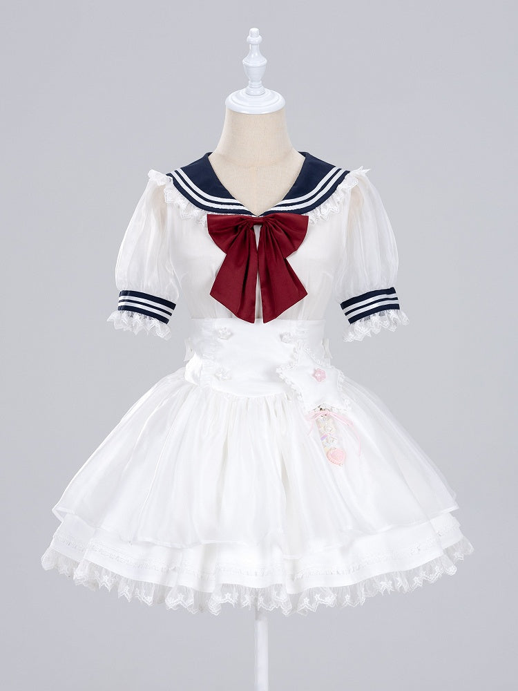 Summer Sailor Collar Short Sleeves Blouse with Red Bowtie - Jirai Kei Snow White Vibes - DevilInspired Exclusive Collection