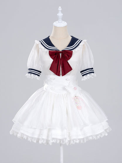 White Star Buttons High Waist Tenshi-kai Skirt with Flutter Shoulder Straps - DevilInspired Exclusive Collection