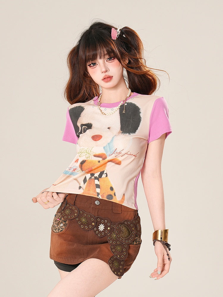 愛らしいカラーブロックデザインの子犬プリントのブルー/ピンクのTシャツ