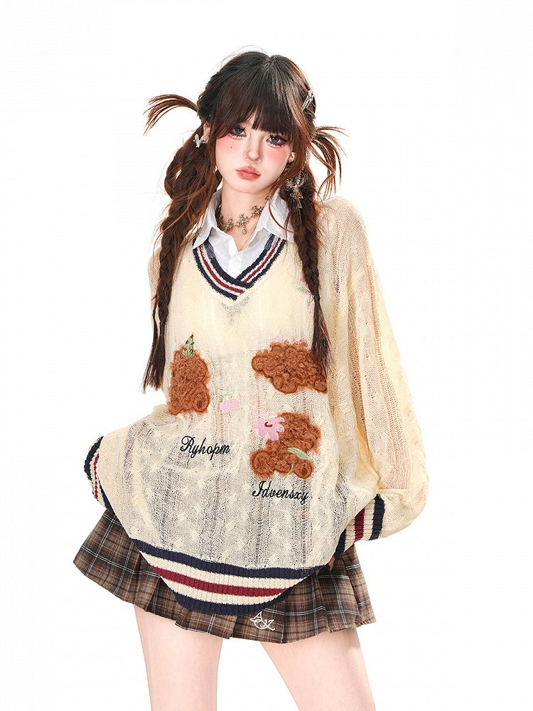 スタイルベア柄 アプリコット プレッピー フェイクツーピースシャツ 日焼け防止 透かし