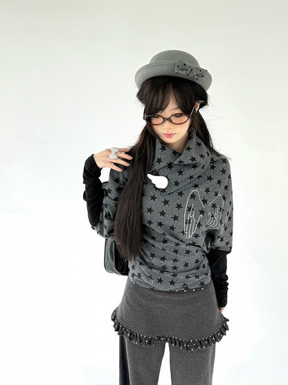 Blouse Star Angel Long Pattern with Wing Asymmetrical Gray Dark Sleeve Accents