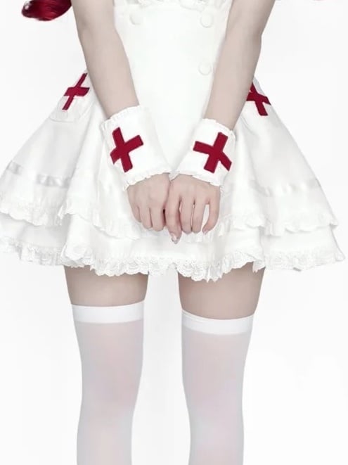 White & Pink Cross-Decorated Wrist Cuffs - Shi Zhai Xin