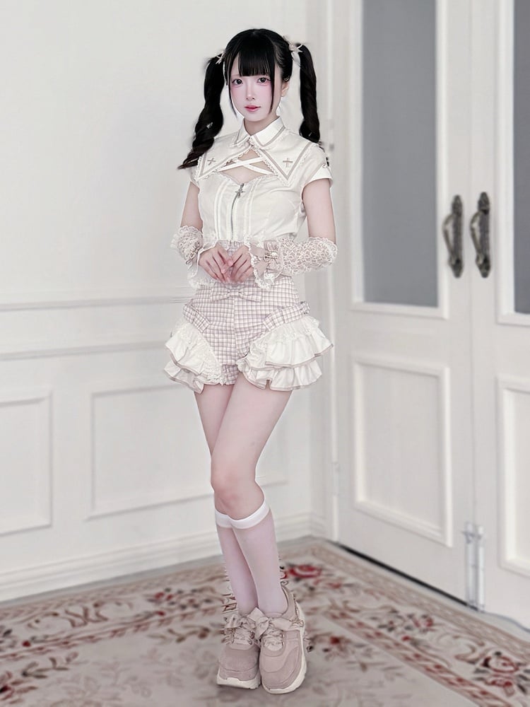 White & Pink Hollow Blouse with Plaid Skort Set - Shi Zhai Xin