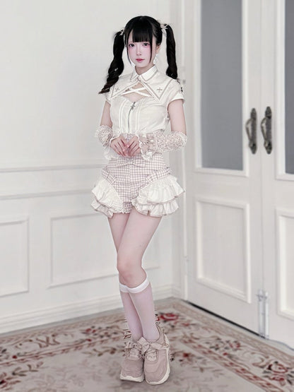 White & Pink Hollow Blouse with Plaid Skort Set - Shi Zhai Xin