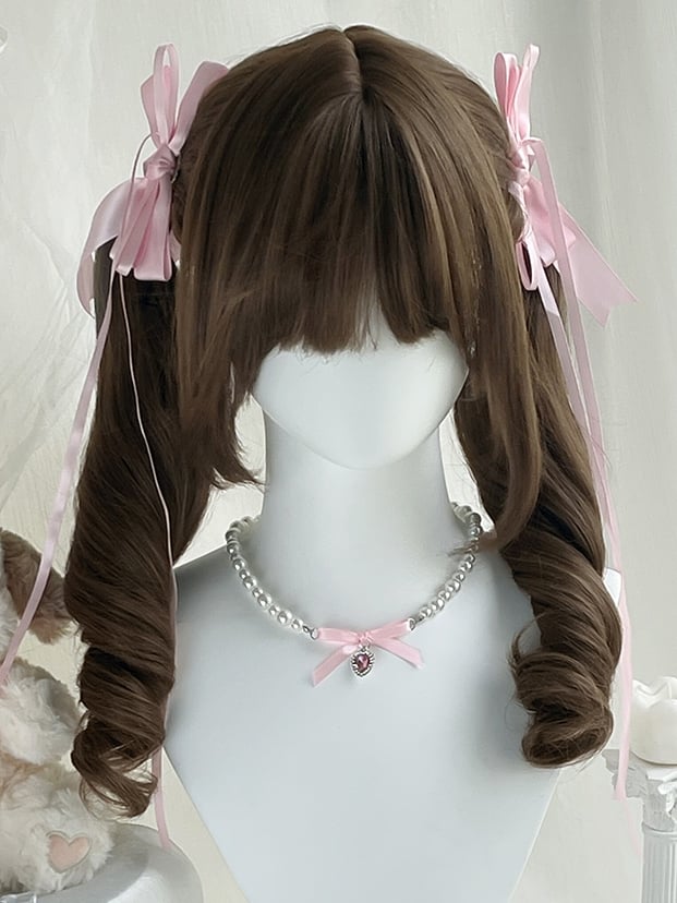 Doppelt mit Perücke Roman 50CM Pferdeschwanz Pony Vollbraun Lockig Synthetisch