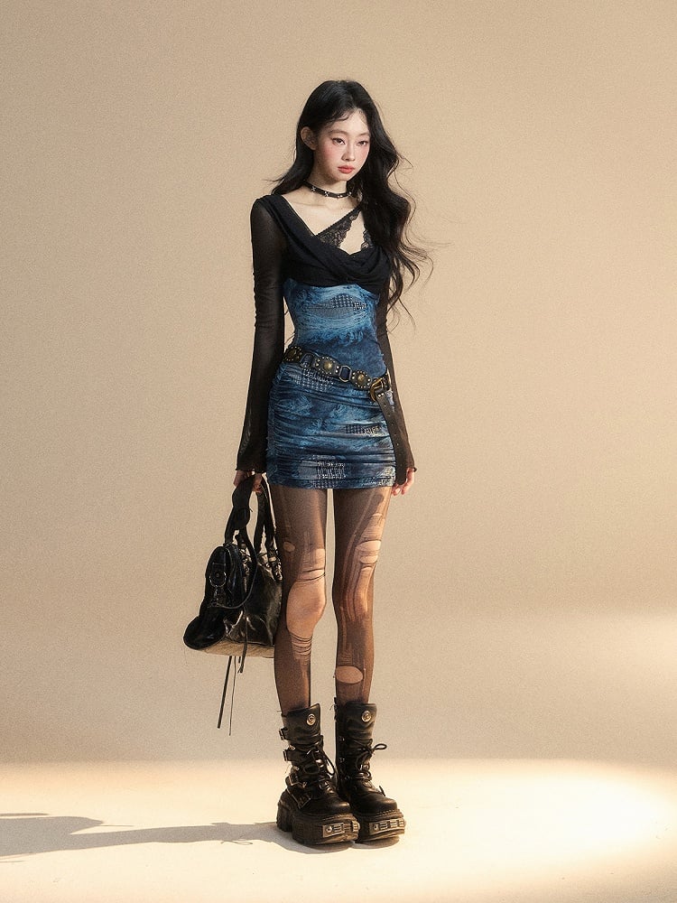 Minikleid Schwarz Kunst Zweiteiler Blau V-Ausschnitt Glockenärmel Glamorous