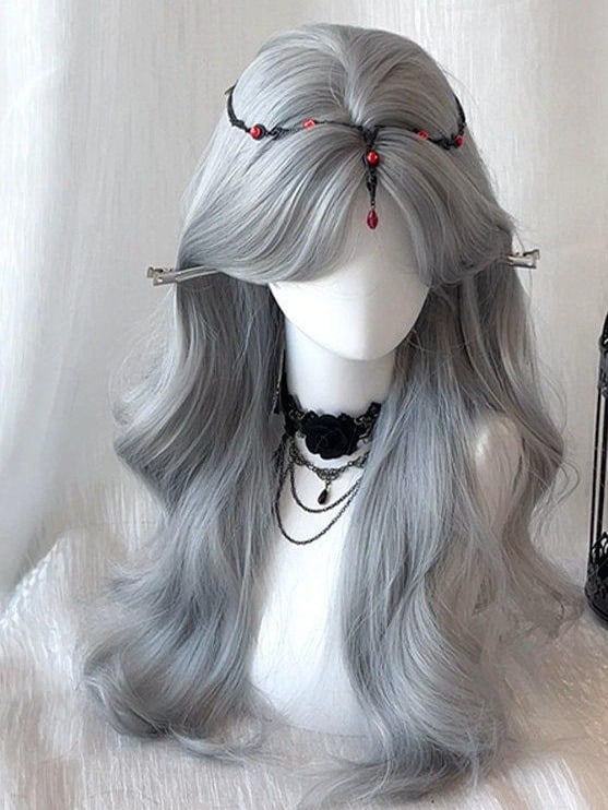 Gray Long Wavy Curly Wig with Curtain Bangs - Sleepy Fish