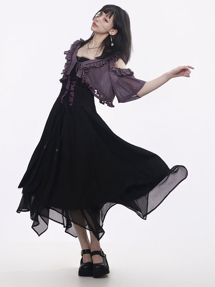 Long Black Halter Dress with Asymmetrical Hem - PINK SAVIOR