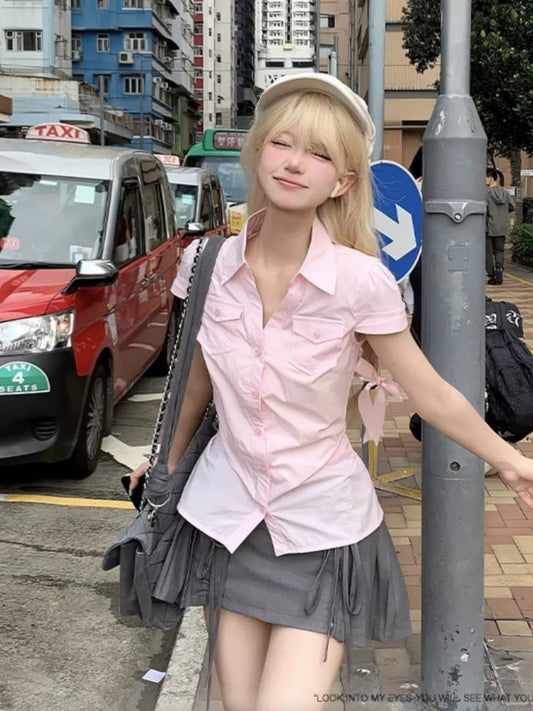 プリーツスカートスタイルのプレッピースイートピンク半袖シャツ/グレーミニ