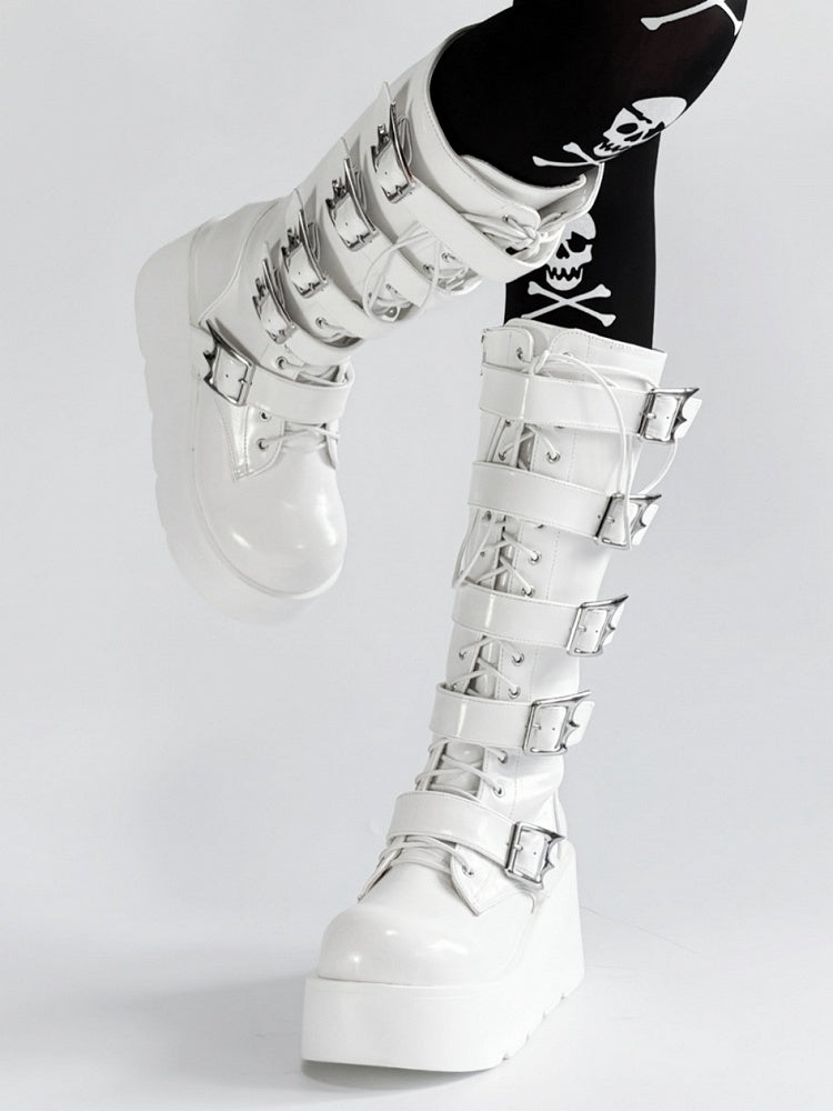 Bottes à plateforme blanches en PU style punk triple fermeture avec système à lacets, boucles et fermeture éclair à hauteur du genou
