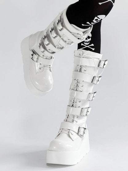 Bottes à plateforme blanches en PU style punk triple fermeture avec système à lacets, boucles et fermeture éclair à hauteur du genou