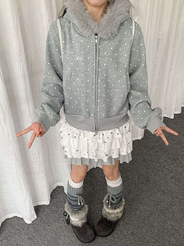 Dot Trim Jacket Dual-way Hood with Fleece-lined Plush Gray Polka Zipper