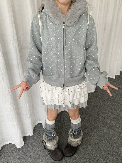 Dot Trim Jacket Dual-way Hood with Fleece-lined Plush Gray Polka Zipper