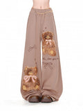Brown Plush Teddy Bear Bowknots Detail Loose Wide-Leg Pants