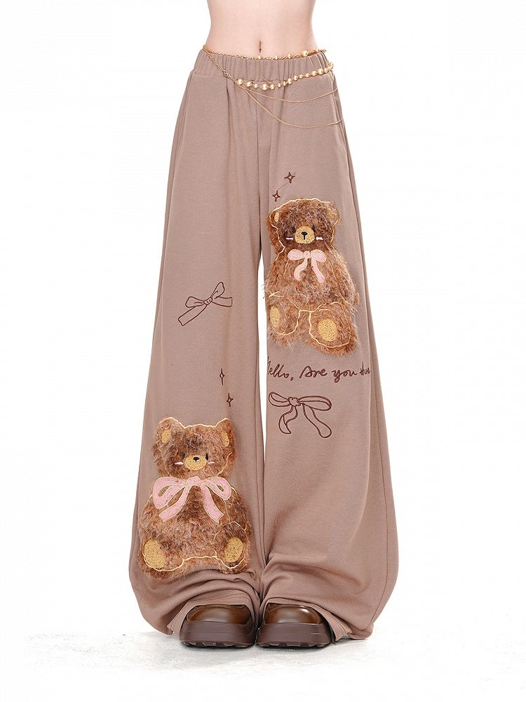 Braune, lockere Hose mit weitem Bein und Teddybär-Schleifendetail aus Plüsch