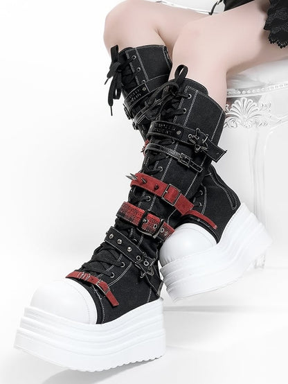 Bottes à plateforme avec système de fermeture, Punk, Hybride en toile rouge et noire