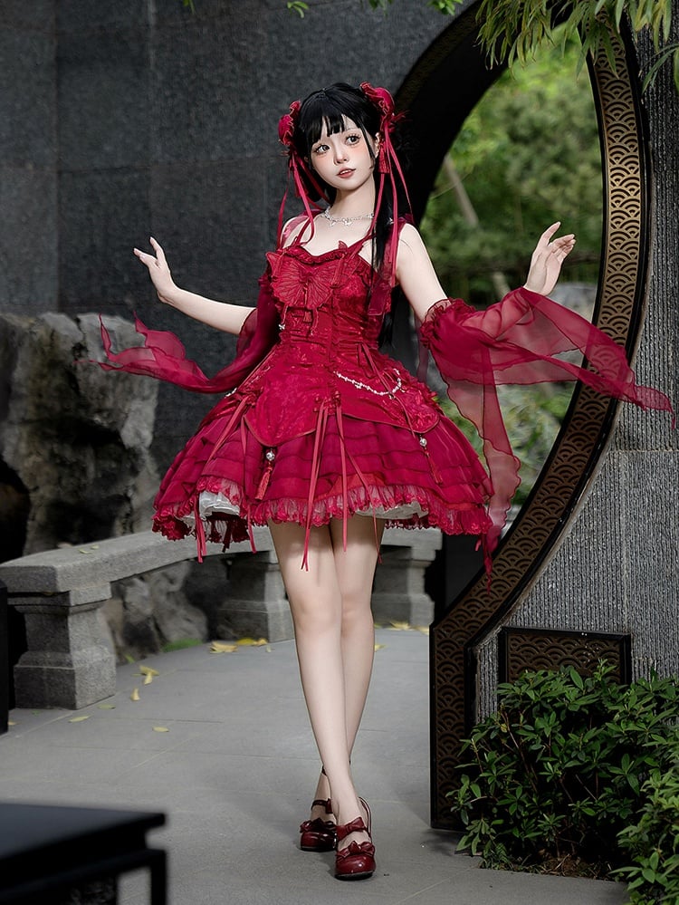 タッセル付きフェアリージャンパースリーブ、蝶のカスケード装飾スカート、赤いロリータフリル