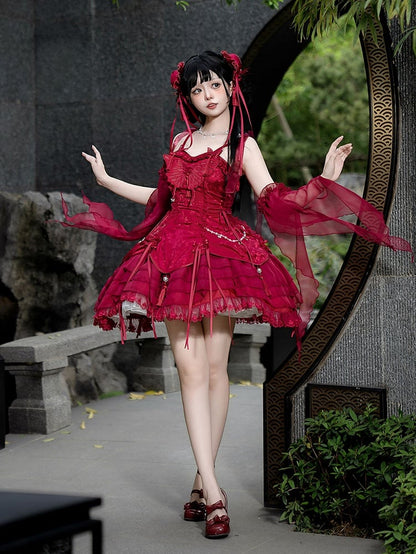 タッセル付きフェアリージャンパースリーブ、蝶のカスケード装飾スカート、赤いロリータフリル