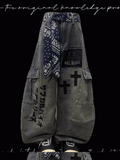 Jeans Blue Cross Applique Wasteland Punk Distressed Weites Bein Cargo