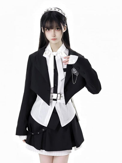 ブラックボックスプリーツスカート ホワイトストライプ パッチワークデザイン