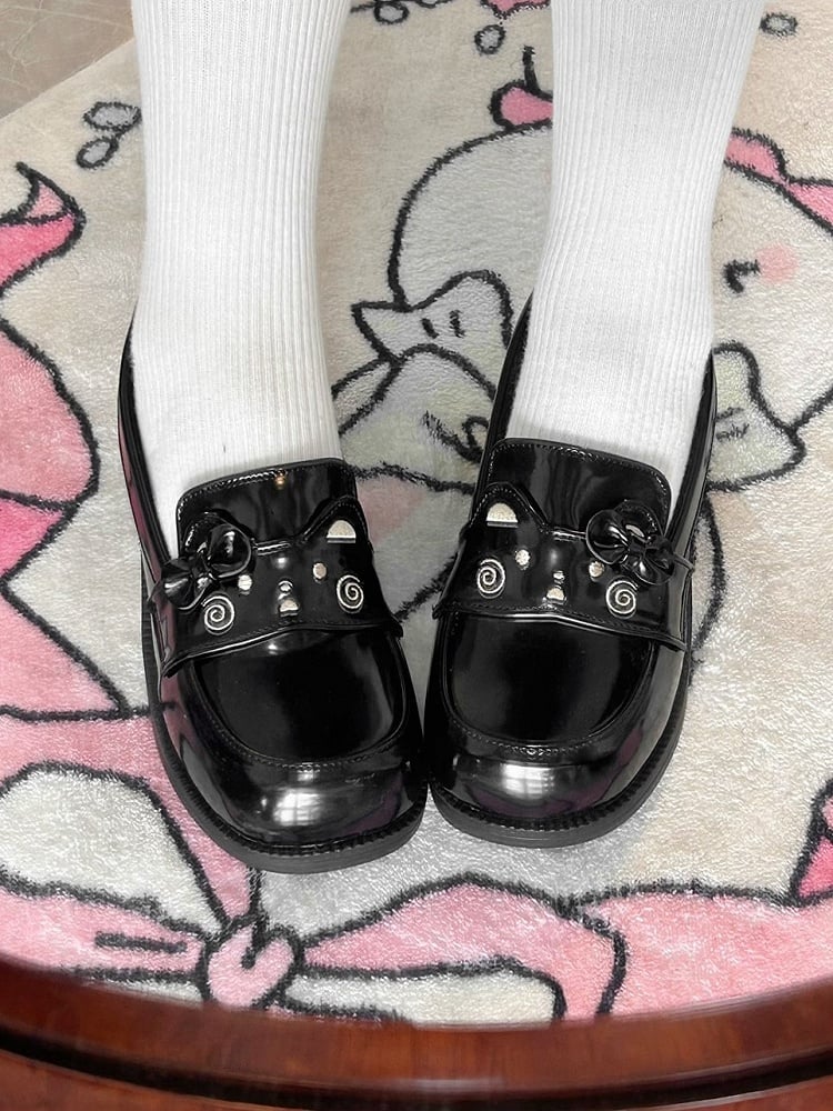 PU Black Loafers in Preppy Style with Bear Theme & Bow Decor