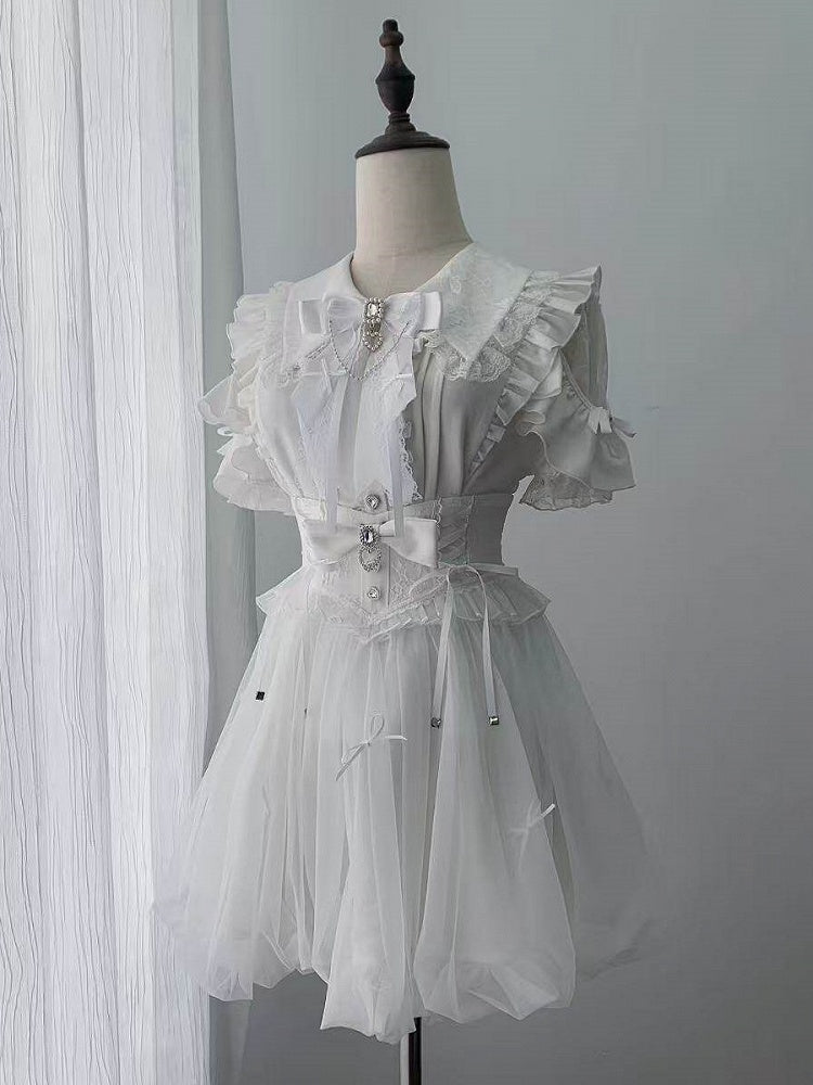 Pure White Lace Cutout Shoulder Short Sleeve Ruffle Blouse - Ekomi