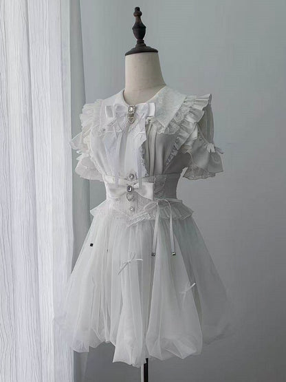 Pure White Lace Cutout Shoulder Short Sleeve Ruffle Blouse - Ekomi