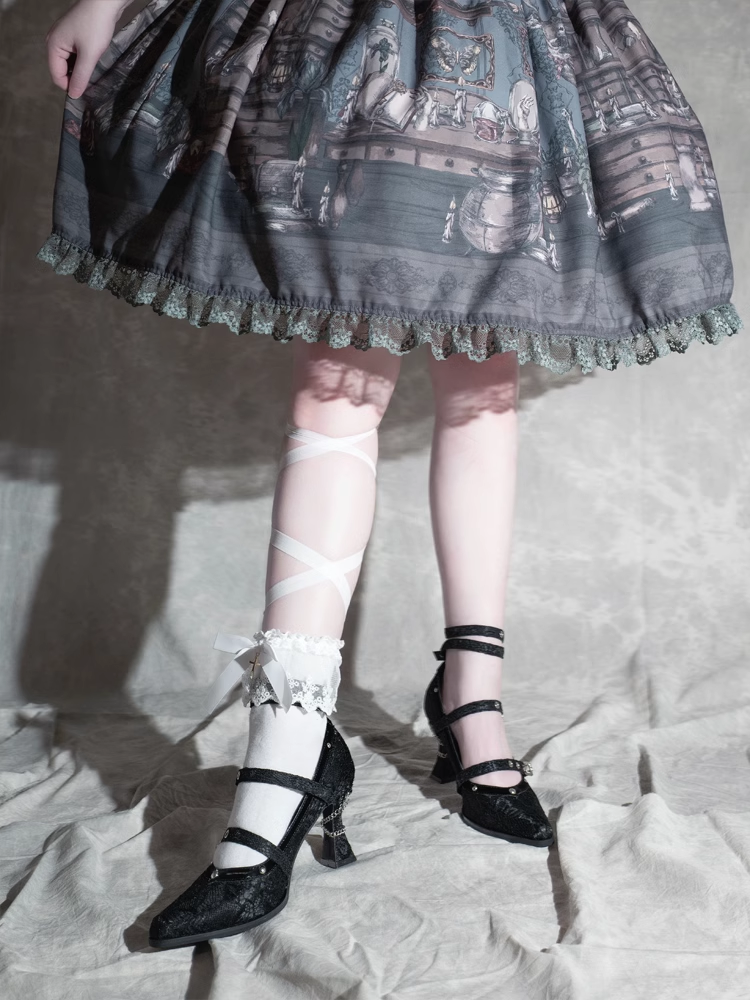 Gothic Black Pointed Toe  Lace 8.5cm High Heels Multiple Buckle Straps