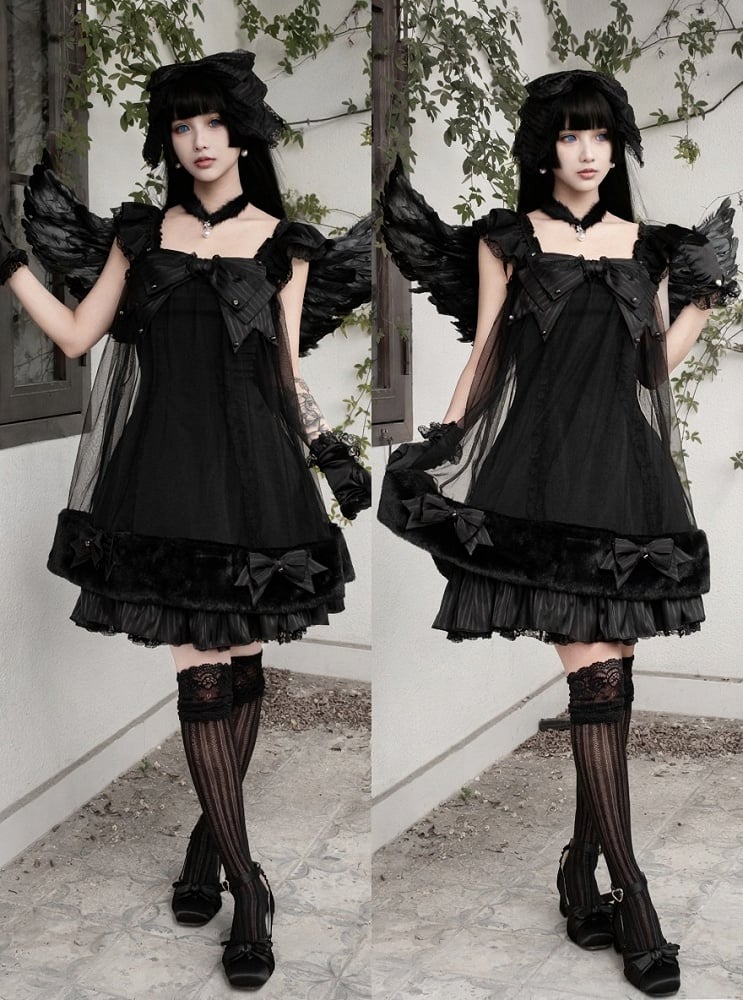 Black Gothic Pearl Bowknot JSK Dress with Plush - Kuroya