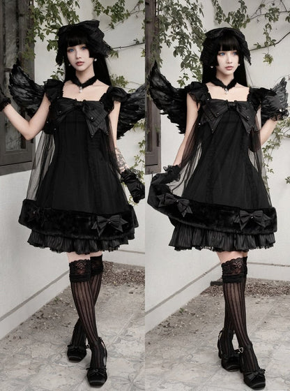 Black Gothic Pearl Bowknot JSK Dress with Plush - Kuroya