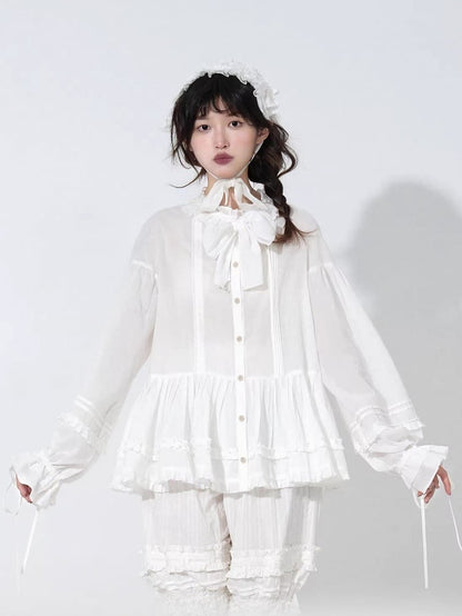 Blouse White Cuffs Long-Sleeve Lolita Loose Ruffled with Drawstring