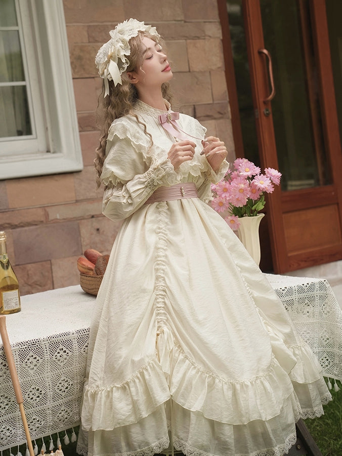 und Design Taille Rosa Kordelzug Mode Gürtel Kleid mit Beige Lolita Vielseitige Schleifen