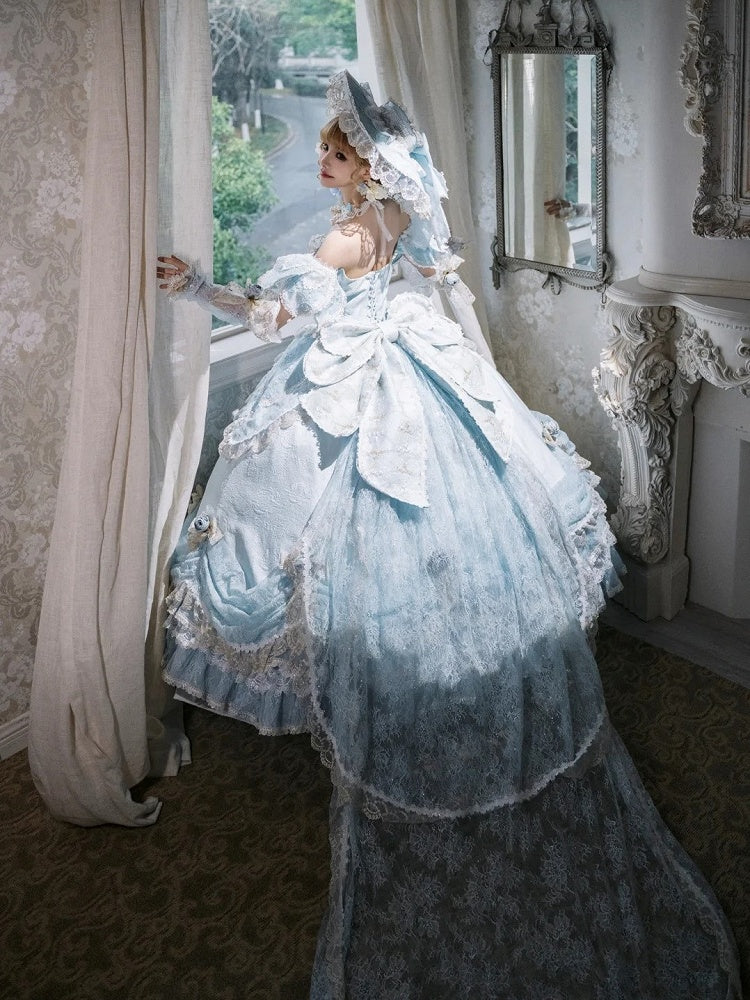 Light Blue Off-Shoulder Hime Lolita Gown - Layered Lace Princess Dress