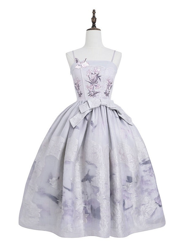Refined Ivory Violet Boned Floral Bow JSK Dress - Yimu Walnut
