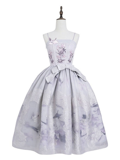 Refined Ivory Violet Boned Floral Bow JSK Dress - Yimu Walnut