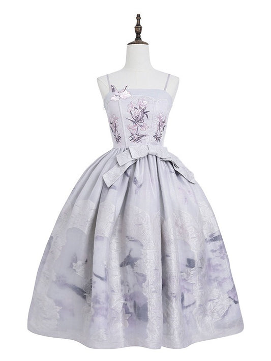 Refined Ivory Violet Boned Floral Bow JSK Dress - Yimu Walnut