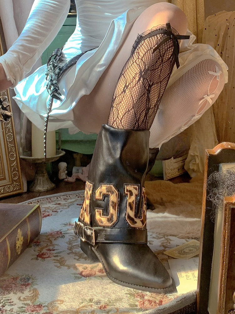 Toe Pointed Mid-Heel Leopard Black Letter - Patches Boots Print