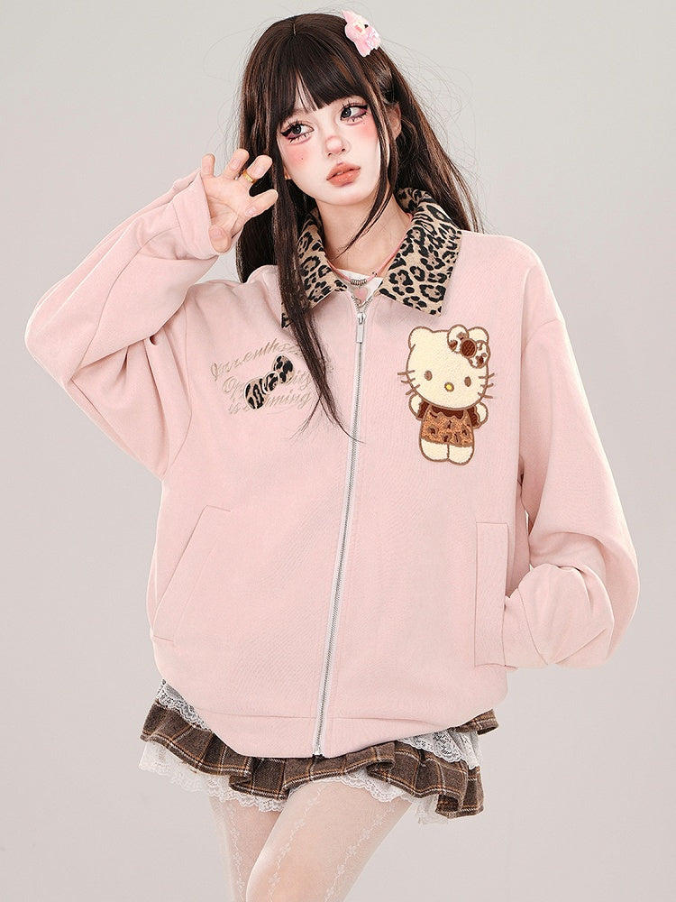 Pink Kitty Baseballjacke mit Leopardenkragen