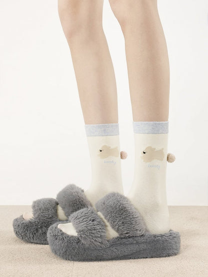 White/Light Socks with Cute Pattern Accents Blue/Dark Gray Puppy Cotton Pom-Pom