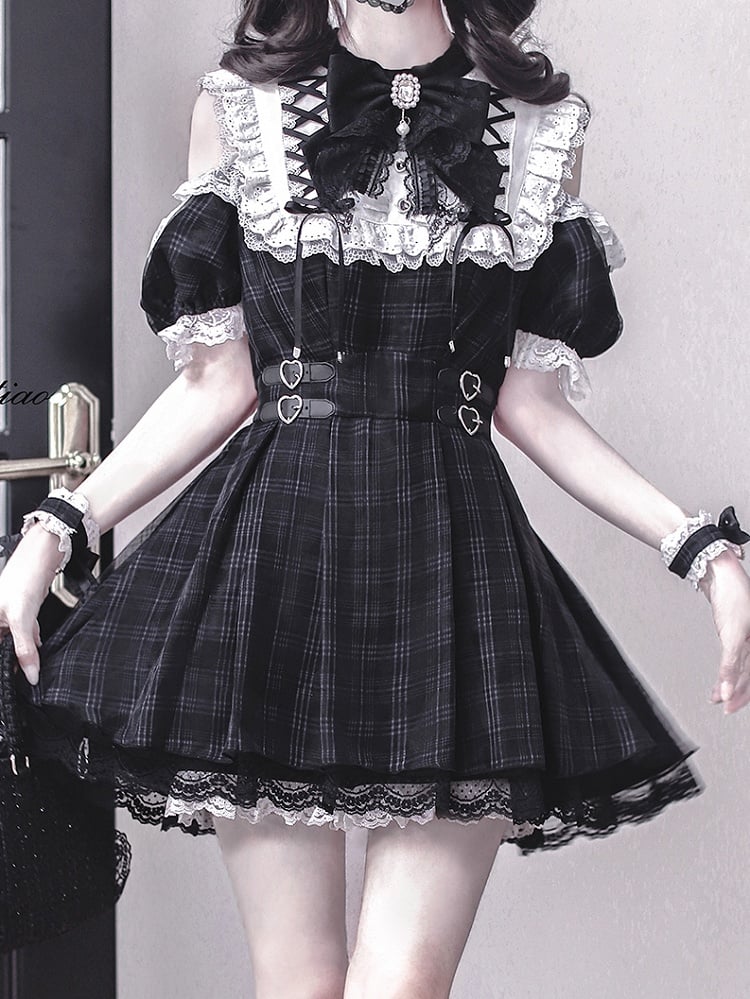 Trim Jirai Pattern Open in Dress Kei Plaid Lace White Shoulder with Lace-up Black Neckline