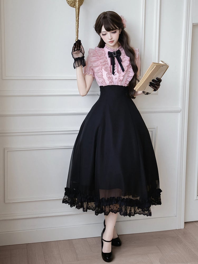 Pink Ruffled Blouse & Black Long Skirt Fake Two Pieces Lolita Dress - With PUJI