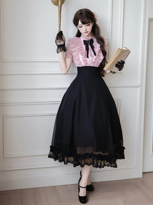 Pink Ruffled Blouse & Black Long Skirt Fake Two Pieces Lolita Dress - With PUJI