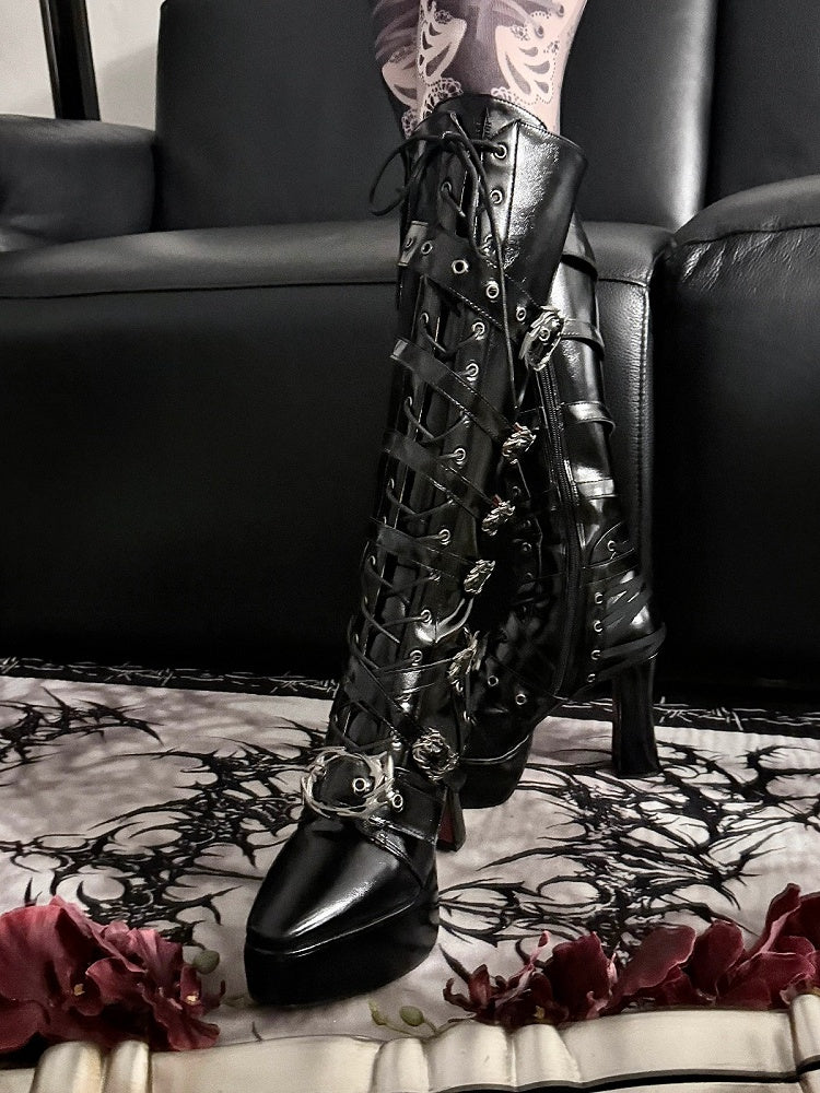 Pointed-Toe 11CM Stiletto Gothic Knight Boots in Polished Black - sphenoid
