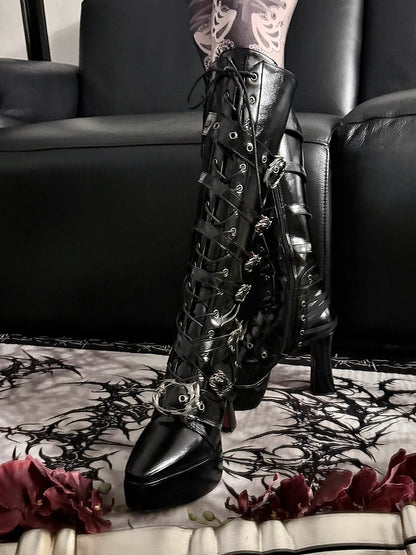 Pointed-Toe 11CM Stiletto Gothic Knight Boots in Polished Black - sphenoid