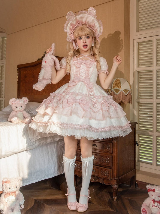 Herz Weiß Lolita Süße Applikation Hase und Stickerei Akzente Kleid Rosa Schleife