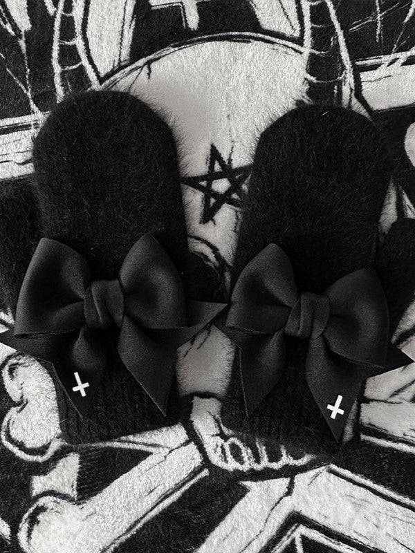 Druckdetails mit schwarzen Handschuhen, weißem Kreuz, Vollfinger-Bowknot-Gothic