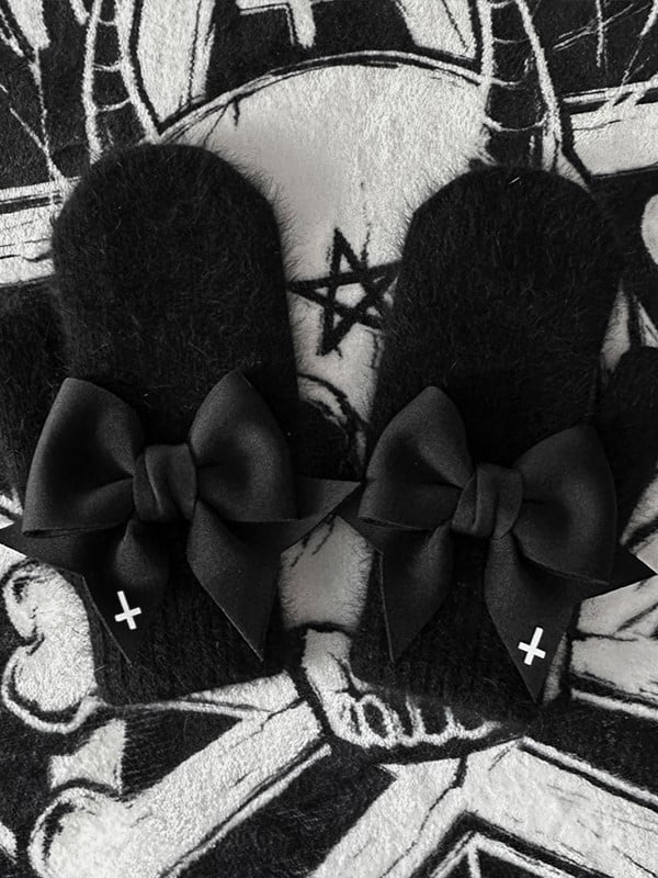 Bowknot Gloves Print Cross Gothic Black Details With White Full-finger